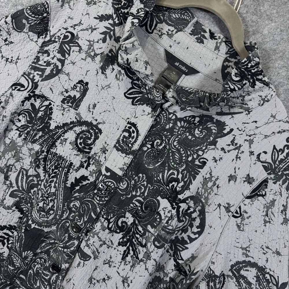 Ali Miles Tunic Blouse Womens 1X Gray Black Paisley Textured Button Front